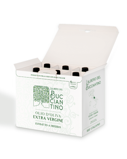 Confezione da 6 bottiglie da 500 ml l'una di Olio di oliva extravergine L’Albero del Bucciantino.