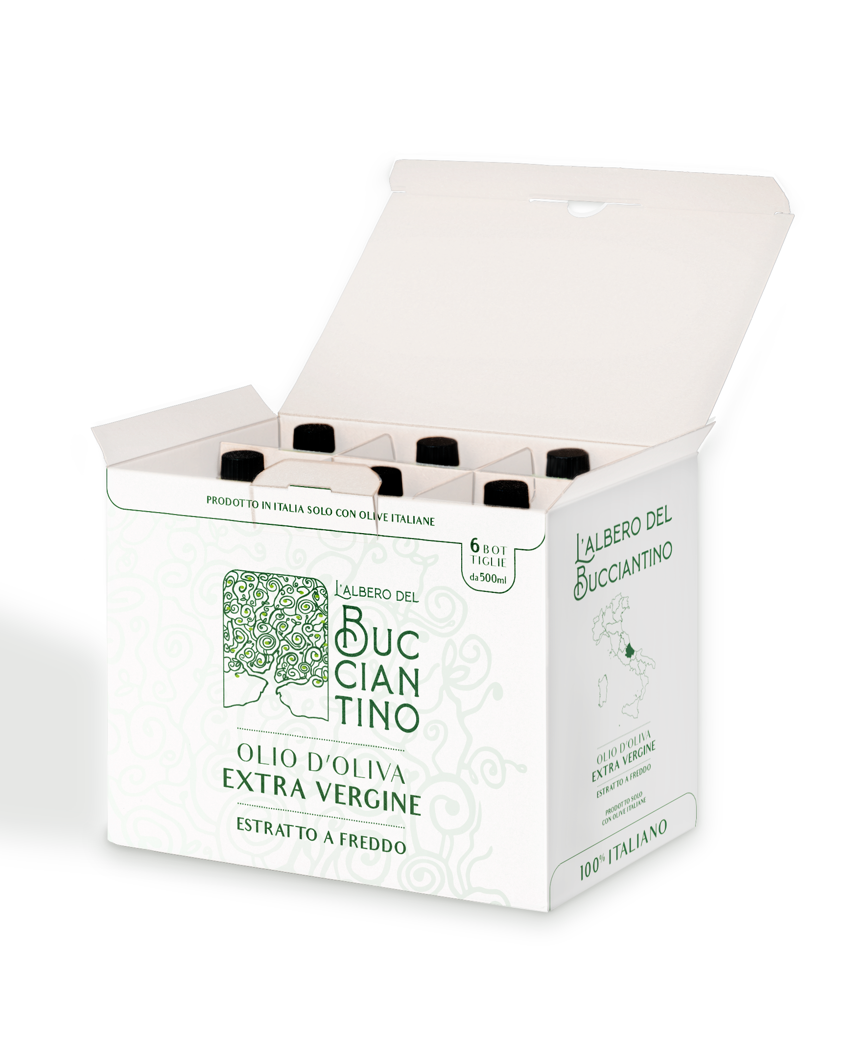 Confezione da 6 bottiglie da 500 ml l'una di Olio di oliva extravergine L’Albero del Bucciantino.